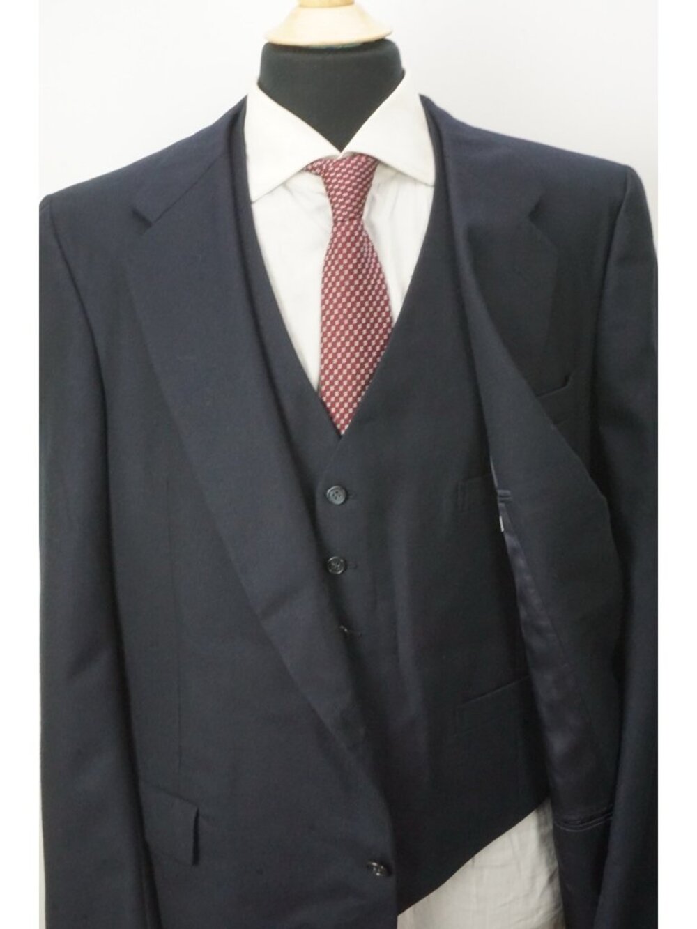 Hickey Freeman Boardroom VTG 80s Navy Blue Wool 3 Pc Suit Jacket Pants Vest 44L
